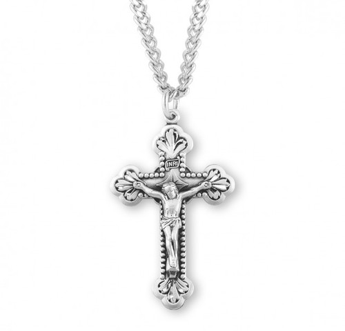 Sterling Silver or Gold-over Sterling Silver Budded Crucifix with Beaded Edging - 24" Chain