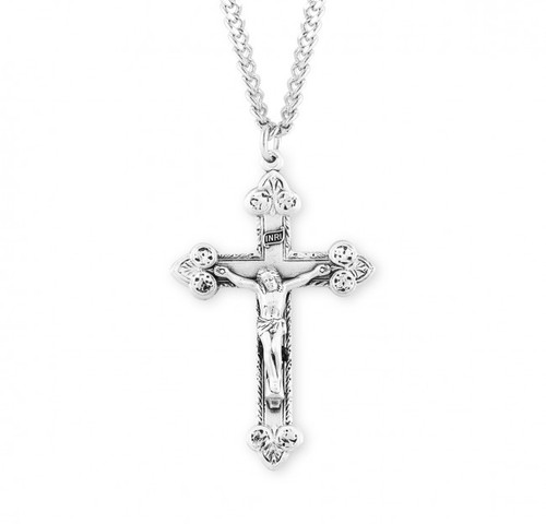 Sterling Silver Scroll-Leaf Design Crucifix Pendant - 24" Chain