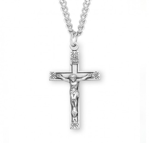 Sterling Silver Swirl Design Crucifix Pendant - 24" Chain