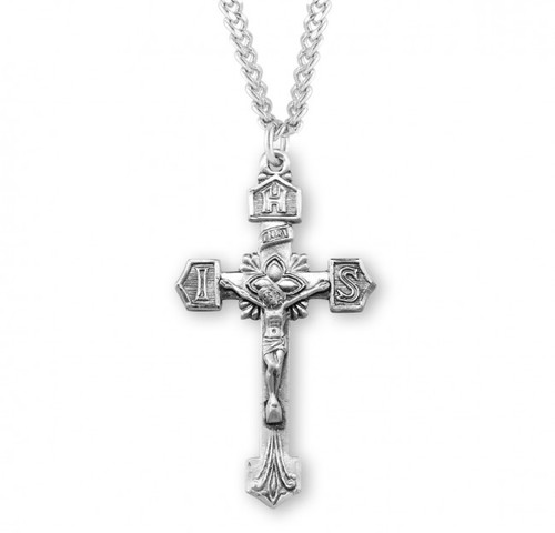 Sterling Silver Decorative "IHS" Crucifix Pendant - 24" Chain