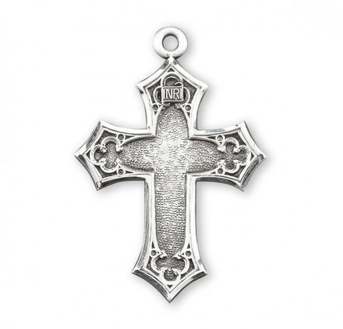 Sterling Silver Gothic Style Cross . 1 1/2" Men's sterling silver Gothic style cross comes on a 24" genuine rhodium plated endless curb chain.  The Gothic Cross measures 1.5" x 1.1" (39mm x 27mm). Gothic Cross comes in a deluxe velour gift box.