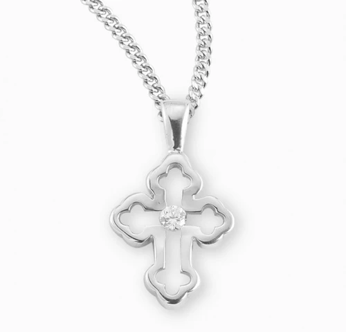 Sterling Silver Single Set Crystal Zircon Cross Pendant - 18" Chain