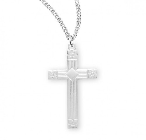 Sterling Silver or Gold-over Sterling Silver Fancy Floral-Edge Cross Pendant - 18" Chain