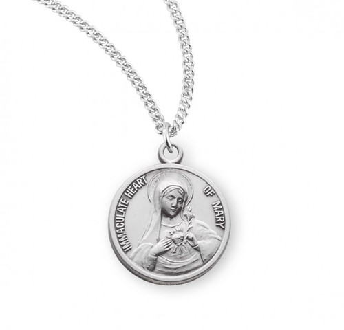 Sterling Silver Round Immaculate Heart of Mary Medal - 18" Chain