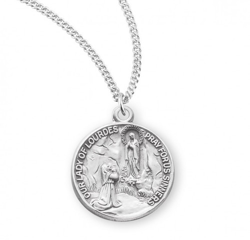 Sterling Silver Round Our Lady of Lourdes Medal - 18" Chain