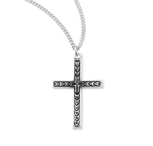 Sterling Silver Black Enameled Leaf Design Cross Pendant - 18" Chain