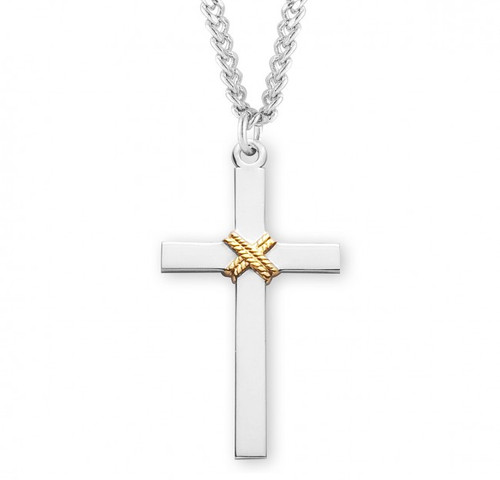 Sterling Silver Large Two-Tone Cross with Rope-Design Pendant - 24" Chain