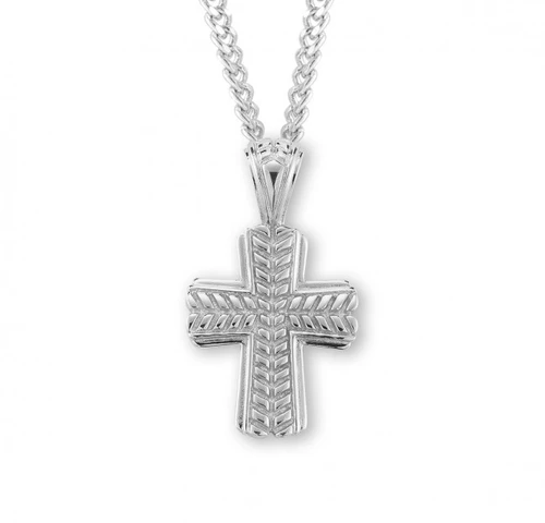 Sterling Silver Wide Wheat Cross Pendant - 24" Chain
