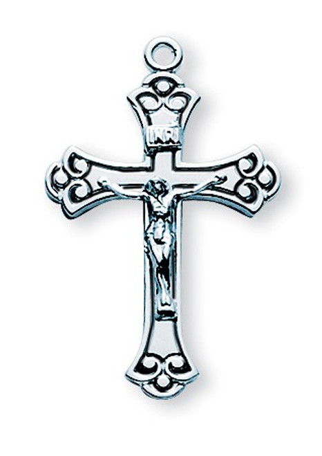 1 1/8" Women's sterling silver crucifix with black enamel on an 18" rhodium plated chain in a deluxe velour gift box.