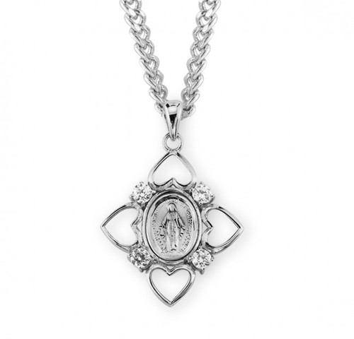 Sterling Silver Miraculous Medal with Cubic Zirconia - 24" Chain