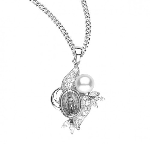 Sterling Silver Miraculous Medal with Crystal Cubic Zirconia and Pearl Pendant - 18" Chain