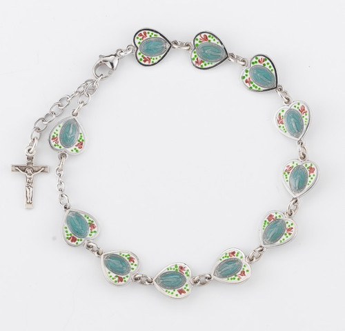 10MM Sterling Silver Blue Enameled Miraculous Medal Bead Bracelet 