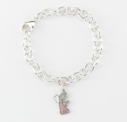 Sterling Silver Link Bracelet with Pink Enameled Guardian Angel 