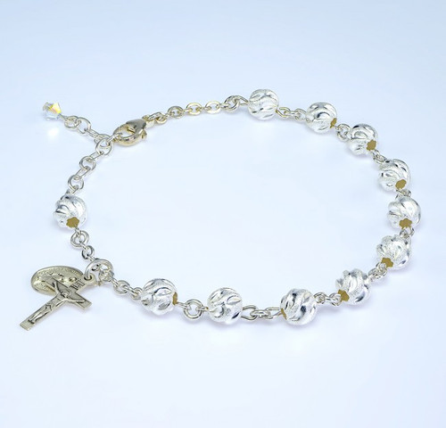 7MM Semi-Frosted Round Sterling Silver Rosary Bracelet 