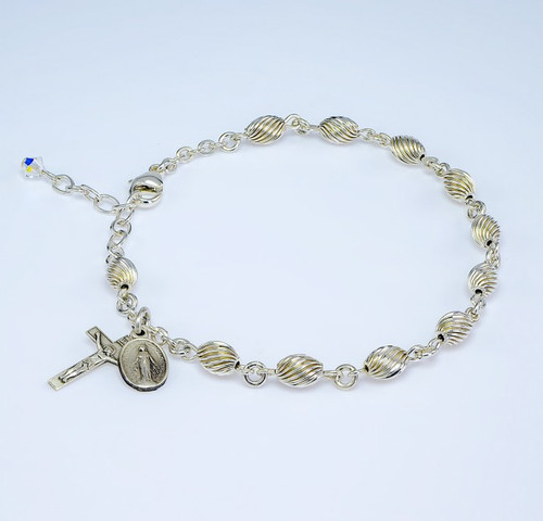 7MM Sterling Silver Twisted Oval Corrugated Rosary Bracelet 