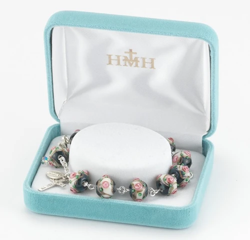 10MM Black and White Rose Bud Murano Glass Rosary Bracelet 