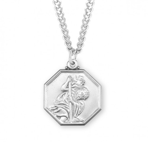 Sterling Silver Octagon-Shaped St. Christopher Medal - 24" Chain
