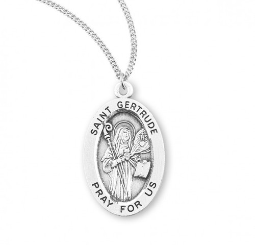 Sterling Silver Oval St. Gertrude Medal - 18" Chain
