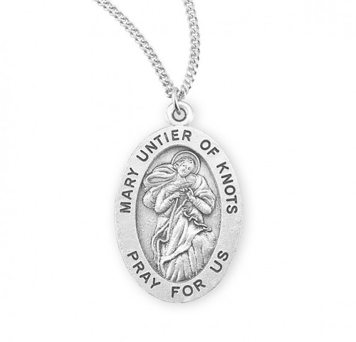 Sterling Silver Oval Our Lady Untier of Knots Medal - 18" Chain