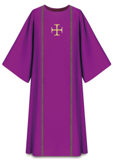 In Pius, 100% polyester. Length: 53", Width: 59". Plain neck. Color choices: beige, red, green, purple. These items are imported from Europe. Please supply your Institution’s Federal ID # as to avoid an import tax.  Please allow 3-4 weeks for delivery if item is not in stock.