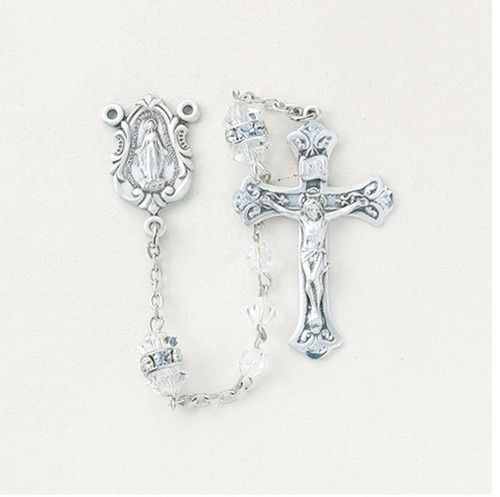 Sterling Silver rosary made with 4mm crystal bicone beads. Solid brass findings, pins and chain with genuine rhodium plating to prevent tarnishing. Exclusive designed sterling silver Miraculous Medal centerpiece and sterling silver crucifix. . Comes with a deluxe velour gift box. Made in the USA.
