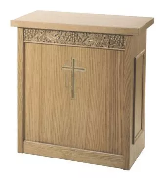 Wooden Church Offertory Table with Inlay Cross and Open Back & Shelf – 32"