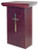 Mahogany-stained square wood stand with a brass cross on the front.