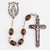 Dark Brown wood bead rosary has a  silver oxidised miraculous medal centerpiece and crucifix. The wood bead rosary comes in a plastic gift box. 