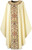 Chasuble in Dupion fabric  (70% man-made fibres and 30% viscose), with Regina orphreys, a multi-colored brocade.  Width 150 cm  (59”), length 135 cm (53”).  Inside stole. Available colors: Beige, Dark Green and Red