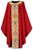 Chasuble in Dupion fabric  (70% man-made fibres and 30% viscose), with Regina orphreys, a multi-colored brocade.  Width 150 cm  (59”), length 135 cm (53”).  Inside stole. Available colors: Beige, Dark Green and Red