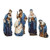 9.5"H- 1`5"H Figures comprise this beautiful 4 piece blue and gold nativity scene. Figures include the Three Wisemen and the Holy Family. Actual dimensions are 9.5"-15"H 29"W 5"L. Figures are made of resin.