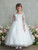 Communion Dress -  Lace Illusion Neckline Bodice with Sleeves