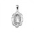 This oval shaped double sided Miraculous Medal is adorned with 12 clear cubic zirconia "CZ's".  Medal is adorned in a fancy scalloped shaped frame. The Miraculous Medal comes on 18" genuine rhodium plated endless curb chain.