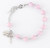 8mm  Pink Flower Venetian Glass Beads with Miraculous Medal and Crucifix. Choose from:
BX:  Solid Brass Links with Pewter Miraculous Medal and Crucifix; or
BR: Rhodium Plated Brass links with Sterling Silver Miraculous Medal and Crucifix; or 
B: All Sterling Silver Links,Miraculous Medal and Crucifix.
Bracelets come with deluxe velour gift box. Made in the USA.