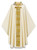 Chasuble in Cantate (99% wool, 1% gold threads) comes with inside stole.  Cross motif is hand embroidered in cotton and gold colored threads. Width: 63", Length: 53". Embroidered 4" roll-collar. Comes in white, red, green or purple. These items are imported from Europe. Please supply your Institution’s Federal ID # as to avoid an import tax. Please allow 3-4 weeks for delivery if item is not in stock.Matching Overlay Stole, Mitre, Cope, Dalmatic, and Deacon Stole also available.