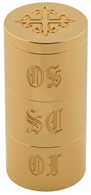 3 5/8"H x 1 11/16"D.  Solid Brass, 24k bright gold plated. Engraved OI, OS, SC.  Engraved cross on cover. 