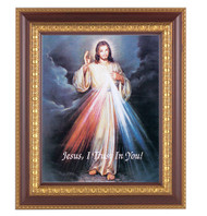 An 8" x 10" Image of The Divine Mercy in a beautiful 11" x 13"  cherry finished frame with gold leaf under glass. Easel back or hook to hang