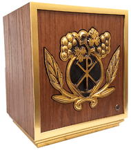 Red oak tabernacle with brass border and wheat and grapes carving - St. Jude Shop