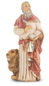 4" St. Mark statue is hand painted and is made of a solid resin. Statue has gold leaf trim accents and Italian gold stamped prayer card. Boxed 