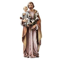 Saint Joseph and Child Figure - 4" scale. Patron Saint of Families. Resin/Stone Mix. Dimensions: 4.075"H x 1.5"W  x 1.125"D