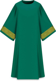 This dalmatic features a gold patterned vertical orphrey on both sleeves. It comes in Purple, Green Red and Ecru. It is made from Elias fabric and is part of the Assisi series. Elias fabric is 100% polyester and is lightweight and durable.  The Dalmatic measures 53"L x 63"W;. The dalmatic has a plain collar. Please supply your Intitution’s Federal ID # as to avoid an import tax. Please allow 3-4 weeks for delivery if item is not in stock as it is shipped from overseas. 
