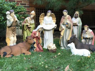 Indoor or Outdoor 12 piece Nativity is made of fiberglass and resin construction with outdoor paint