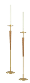 Pair of Processional Candlesticks Style 1643 - Shafts made from brass with bronze lacquer. Wood in medium wood stain. 8-7/8" base, 42" inch Height. Comes with sockets to accomodate 1-1/2" Altar Candles. MADE IN THE USA