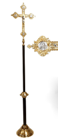 Image of a processional cross with a silver and gold polished Crucifix on a staff that's powder-coated with a black-and-gold vein finish.