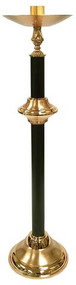 Paschal Candlestick 2921.  The brass candlestick measures 42-1/2"H  and features an accent node at the transition between the base and bobeche.  The staff has a black and gold veined powder-coat finish and the remaining portions have a high polish or satin finish.  A twelve-inch base provides stability for the candlestick. Candle is provided with a  a 1-15/16 inch socket standard on this candlestick. You may request any size up to three inches at no additional charge. Please contact us for pricing if you need a socket larger than 3".  1 800 523 7604