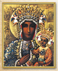 Italian art plaque of Our Lady of Czestochowa . Our Our Lady of Czestochowa measures 8" x 10". the plaque is laminated and has gold trim on a thick board. Gift Boxed