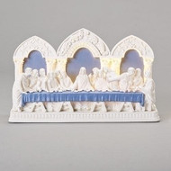 12.25"L LED Della Robbia Last Supper Figure.  This Della Robbia Last Supper table top figure is made of a dolomite/resin mix. The LED Last Supper plaque measures 12.25"L x 7.5"H.