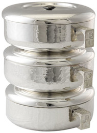 Image of three stacked ciboria with a hammered silverplate finish and engraved handles.