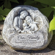 4.25"H Holy Family Garden Stone from the Joseph Studio Garden Collection. Dimensions: 4.25H x 8W X 7.25L. Made of a resin/stone/material