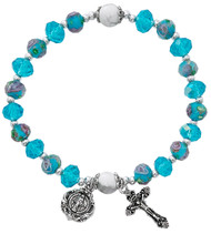 7 1/2" Adult Aqua Flower Crystal Stretch Bracelets.  Aqua Lower beads with aqua crystal bead stretch bracelet Miraculous medal and crucifix are oxidised silver. Bracelet comes carded.  Made in the USA!